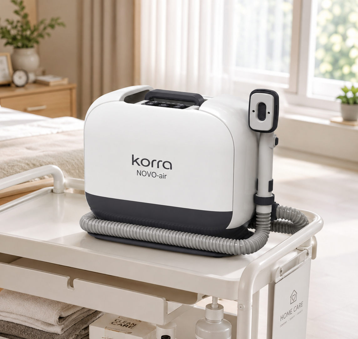 KORRA NOVO-air portable bedshower machine on a care trolley